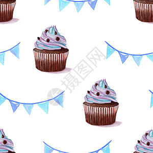 白色背景上的水彩蓝色纸杯蛋糕无缝图案 可用作生日邀请模板 剪贴簿 墙纸 布局 织物 纺织品 包装纸图片