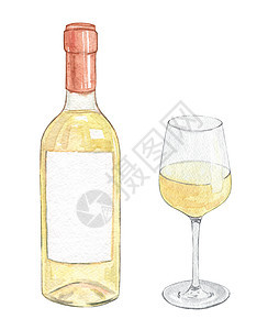 在白色背景上隔绝的白葡萄水酒瓶和玻璃杯背景图片