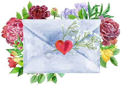 带着心和花的包袱 爱信心 浪漫 白背景上的水彩图画是孤立的图片