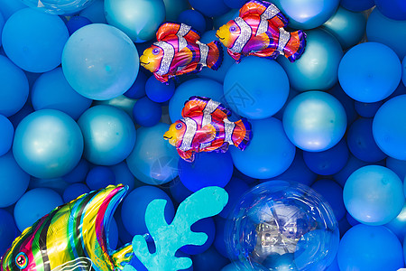 生日照片区气球 鱼和珊瑚的海洋风格装饰品 布景设计图片
