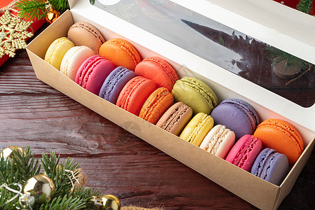 圣诞背景的美丽多彩的马卡罗面 枞树 假期 甜点图片