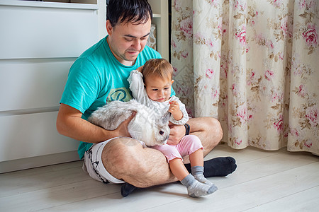 可爱的小宝宝在家里爸爸的怀里玩装饰兔子 家畜和儿童图片