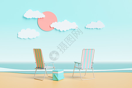 卡通海滩沙滩椅在卡通海滩景观上的沙滩椅背景