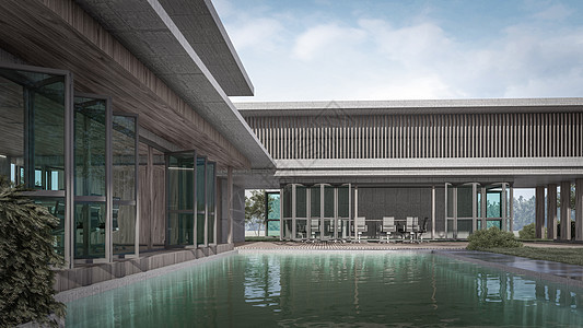 3D 以游泳池反射的现代房子为例 蓝色的 花园图片