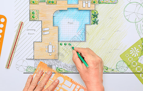 后院花园和池子设计计划别墅 建筑师 假期 打印 草图图片