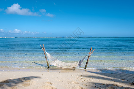 热带海滩 海中吊带吊床;白色沙滩 毛里求斯摩尔纳吊顶 天空 水图片