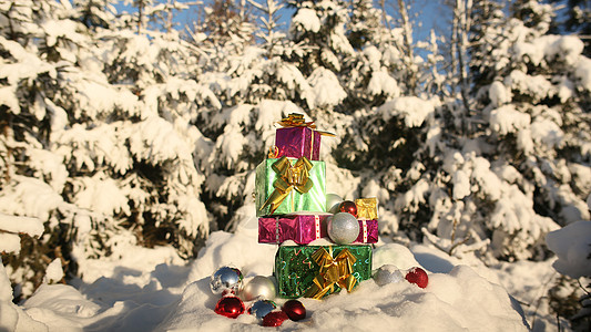 雪覆盖森林的圣诞礼物 新年主题 美丽的 乐趣 数字图片