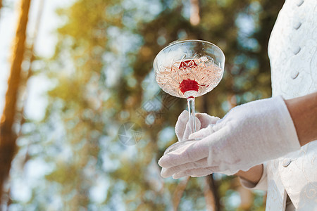 白手套服务员拿着葡萄酒杯 配有闪亮的葡萄酒 红樱桃和白烟干冰 并赠送给顾客图片