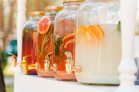 水果柠檬水分配器 葡萄柚 橙子 柠檬 欢迎区有五颜六色的柠檬水饮料 不含酒精的健康饮品 新鲜 薄荷图片