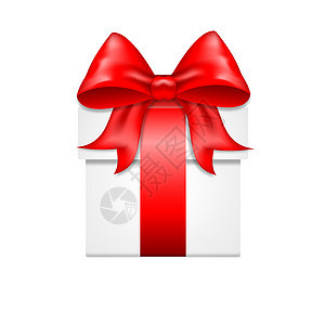 带有红色缎面蝴蝶结的白色礼盒 孤立在白色背景上 它用红色包装带绑在表面上 正视图图片