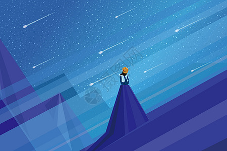 漫画线条女孩坐在山峰上看流星雨蓝色线条星光背景插画