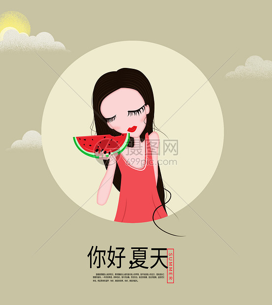 吃西瓜的小女孩卡通插画图片