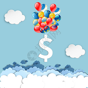 云市场气球上吊着金融货币金币符号插画