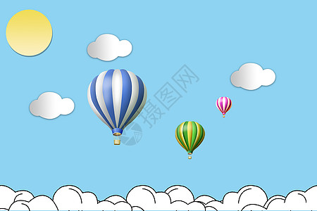 白云云朵手绘手绘蓝天与热气球设计图片