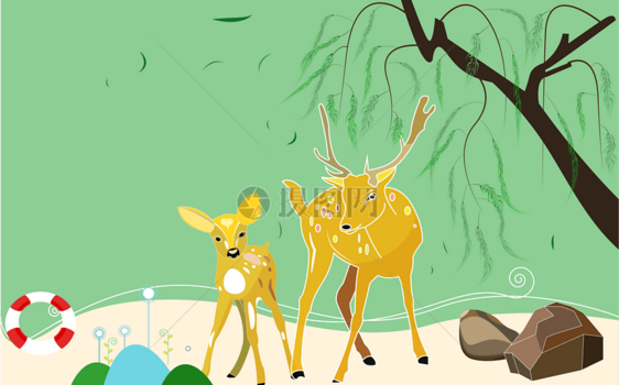 矢量创意小鹿母鹿梅花鹿森林河边玩耍图图片