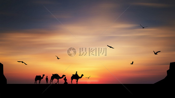 夕阳下的骆驼队剪影图片