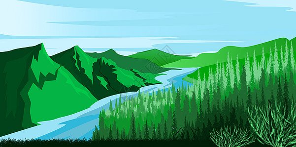 手绘蓝天下的山谷与河流图片