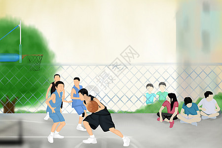 学校比赛操场打篮球的学生们插画