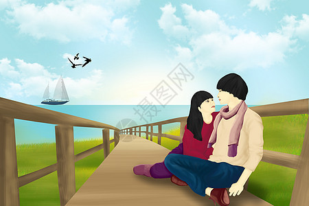 海边木桥上约会的情侣图片