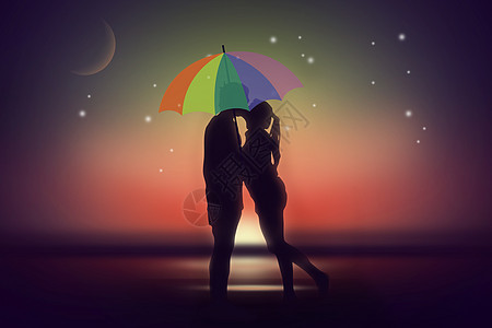 黑夜星光里雨伞下亲吻的情侣图片