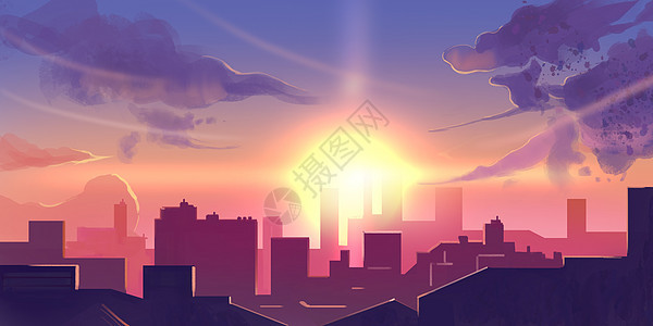 城市夕阳漫画插画图片