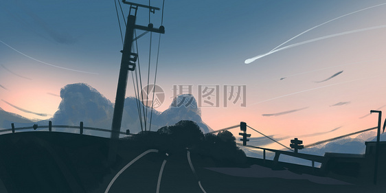 公路夕阳场景插画图片