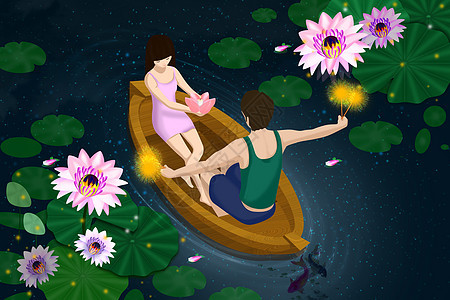 荷花池坐船上放花灯和烟花的情侣图片
