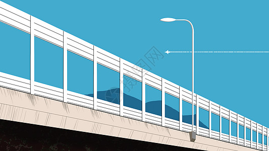 素材高清路面手绘蓝天下的高架桥与路灯插画