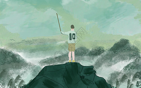 站在山顶的男子手绘水墨风背景图图片