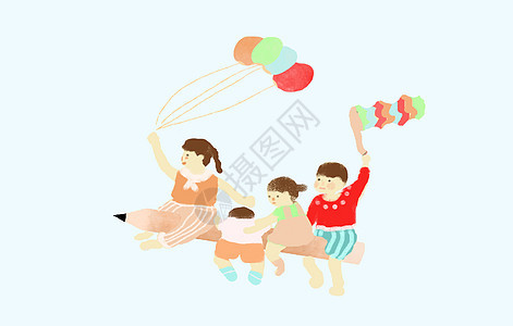 手绘插画一群小孩骑在铅笔上飞行图片