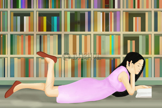 书架女孩趴在地上看书图片