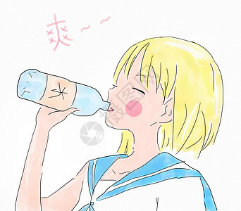 4k壁纸短发喝水女孩插画