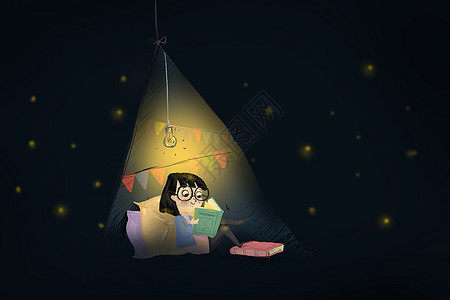 胶原蛋白的流逝夜晚里独自看书的女生插画