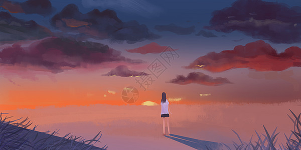 原创夕阳下的女孩插画插画