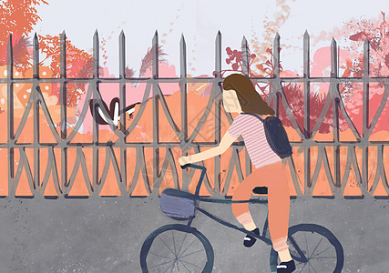 青年骑着单车的少女插画