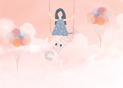 未来孩子手绘粉色云端上的小女孩插画