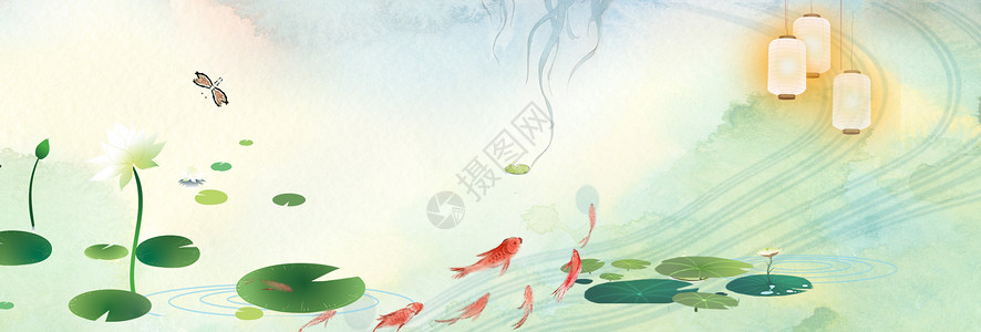 中国风荷花池塘背景背景图片
