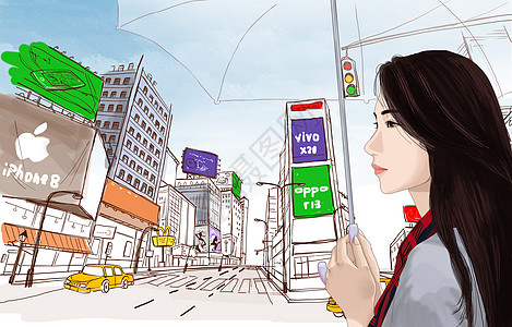 短发美女人像都市漫步插画