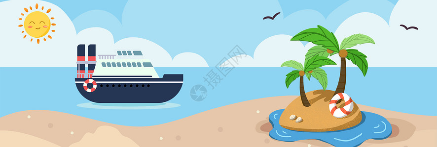 卡通海滩国庆旅游背景图设计图片