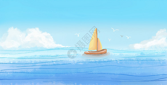 手绘水彩海面帆船背景图片