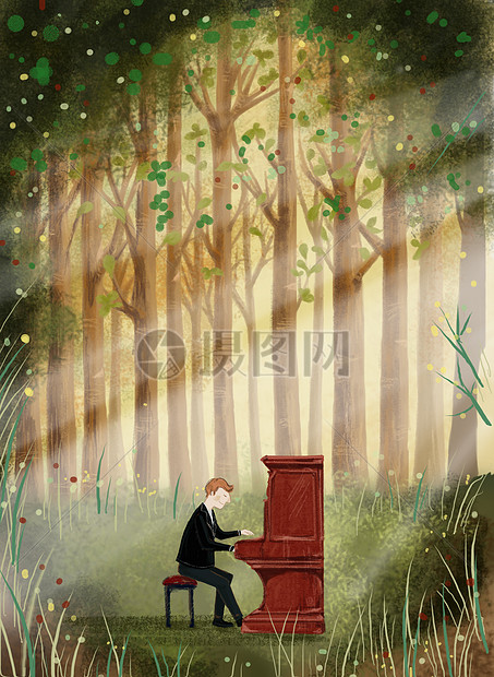 森林里弹钢琴的人插画图片下载-正版图片400062531-摄图网