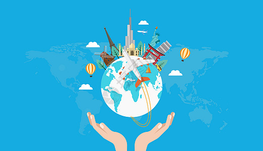 蓝色全球背景全球旅游插画