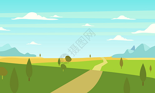 背景树林素材手绘田野道路绿色风景插画