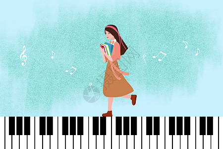 钢琴键上行走的女学生图片