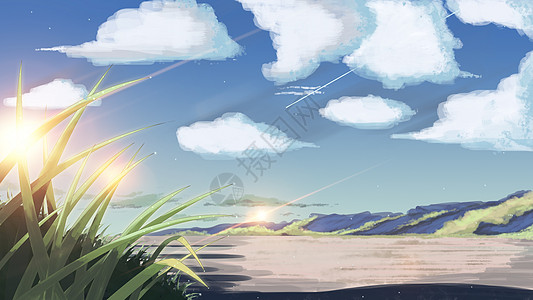 蓝色绿色背景手绘蓝天白云下的自然风景插画