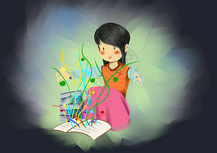 矢量手绘看书的小女孩背景图片