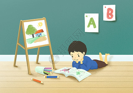 彩色涂鸦儿童房里看书画画的小孩插画