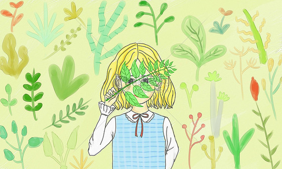 植物和小女孩图片