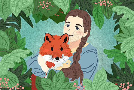 狐狸与少女插画图片