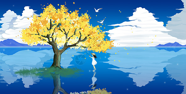 秋天树叶天空之境-祈愿的少女插画